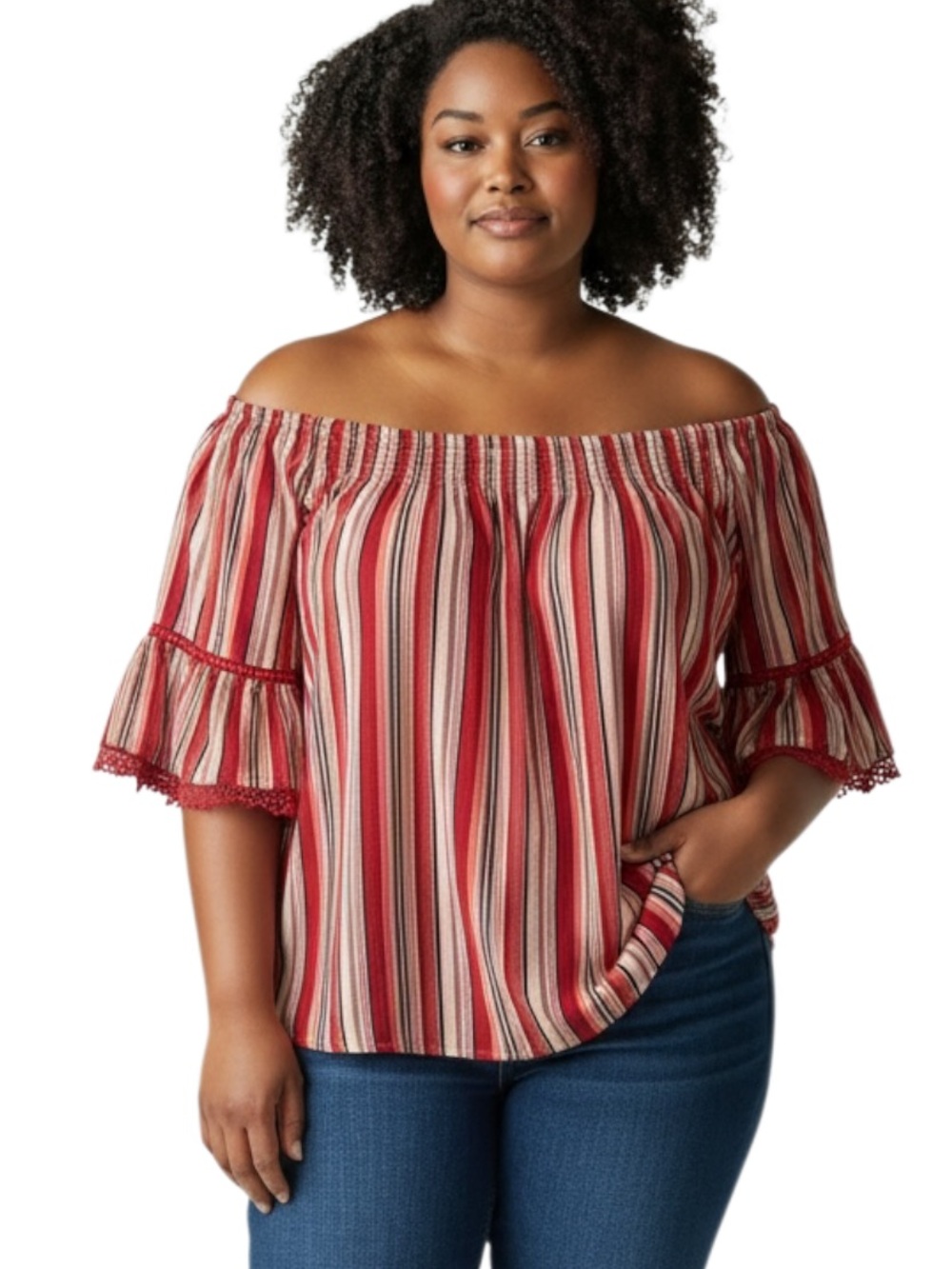 Just Found Off-Shoulder Striped Blouse with Crochet Trim - Red Stripe